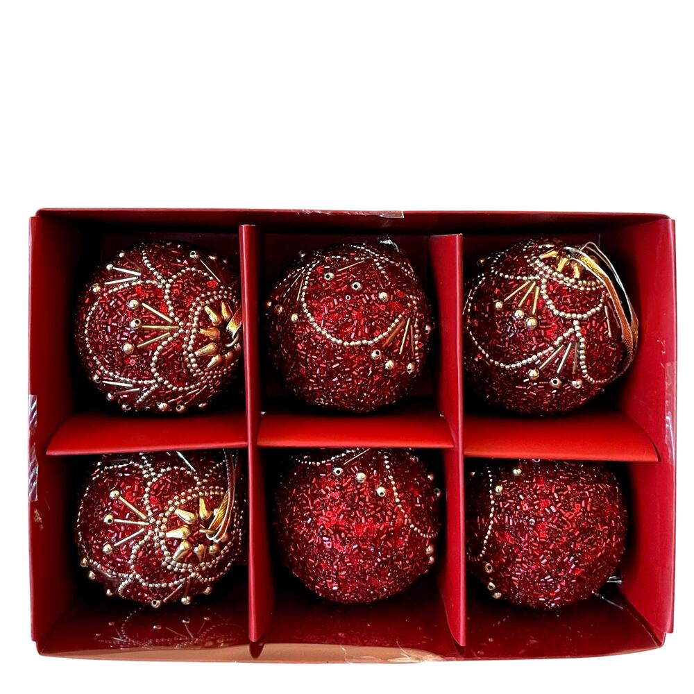 Bella Lux Red Gold Beaded Christmas Ornaments 2.5in Set of 6 Holiday Glam NEW